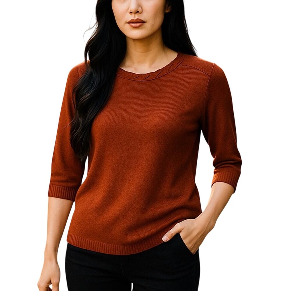 Cato Red Braided Knit Boat Neck Sweater Small 3/4 Sleeve Preppy Cozy Fall